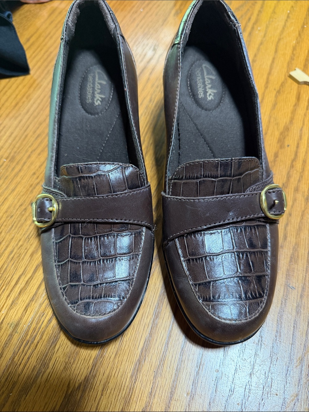 Clarks Women's Brown Croc-Embossed Buckle Loafers